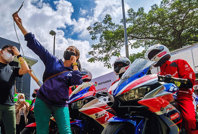 Talkshow ‘Kejar Selfie MotoGP' di SPBU Pertamina 31.128.02 MT Haryono, Jakarta Selatan, Minggu (13/3/2022).
