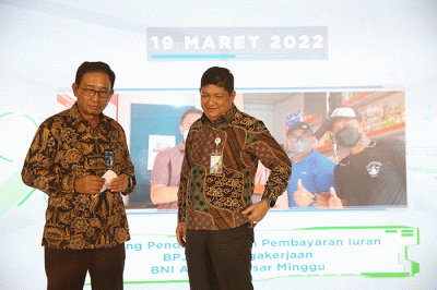 Launching kerja sama pendaftaran dan pembayaran iuran BPJS Ketenagakerjaan melalui BNI Agen46 di Jakarta, Rabu (23/3/2022).