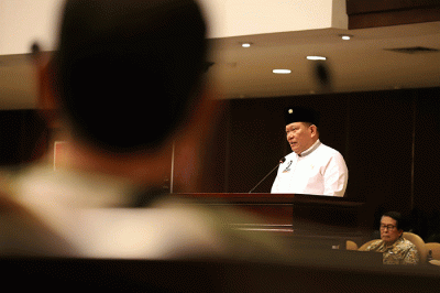 Ketua DPD RI AA Lanyalla Mattalitti saat memberikan kata sambutan dalam audensi dengan Poros Nasional Kedaulatan Nasional di Ruang Nusantara V.