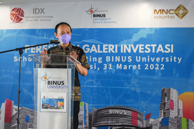 Peresmian Galeri Investasi di Gedung Binus University Bekasi, Kota Bekasi, Jawa Barat, Kamis (31/3/2022).