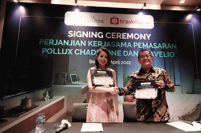 Penandatanganan Perjanjian Kerjasama Jasa Pemasaran Penyewaan Apartemen di Louis Kienne Hotel Chadstone, Cikarang, Jawa Barat, Rabu (6/4/2022).