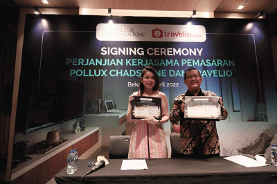 Penandatanganan Perjanjian Kerjasama Jasa Pemasaran Penyewaan Apartemen di Louis Kienne Hotel Chadstone, Cikarang, Jawa Barat, Rabu (6/4/2022).