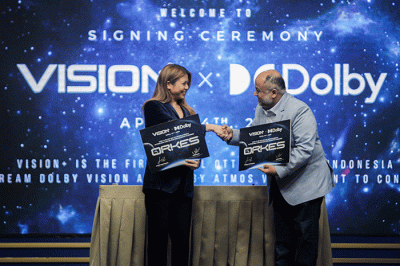 Penandatanganan kerjasama Vision+ x Dolby (Singapura) di MNC Conference Hall, Kebon Sirih, Jakarta Pusat, Kamis (14/4/2022).