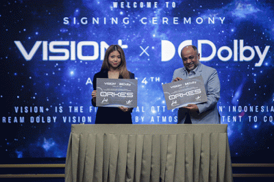 Penandatanganan kerjasama Vision+ x Dolby (Singapura) di MNC Conference Hall, Kebon Sirih, Jakarta Pusat, Kamis (14/4/2022).