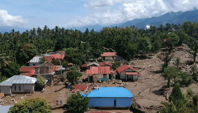 Foto udara kondisi terkini pascabanjir di Kabupaten Aceh Tenggara, Provinsi Aceh, Jumat (15/4/2022).