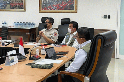 Kepala Badan Nasional Penanggulangan Bencana (BNPB) Letnan Jenderal Suharyanto memberikan paparannya saat pada media briefing GPDRR 2022, Kamis (14/4/2022).