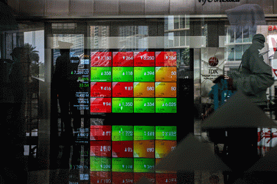Layar menampilkan pergerakan Indeks Harga Saham Gabungan (IHSG) di gedung Bursa Efek Indonesia, Jakarta Selatan, Senin (18/4/2022).