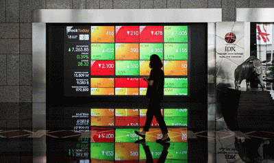 Layar menampilkan pergerakan Indeks Harga Saham Gabungan (IHSG) di gedung Bursa Efek Indonesia, Jakarta Selatan, Senin (18/4/2022).