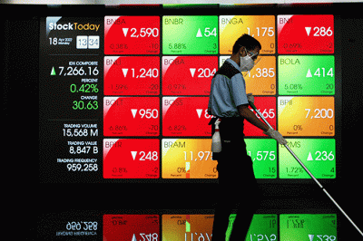 Layar menampilkan pergerakan Indeks Harga Saham Gabungan (IHSG) di gedung Bursa Efek Indonesia, Jakarta Selatan, Senin (18/4/2022).