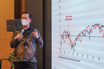 Direktur Mirae Asset Sekuritas Indonesia, Arisandhi Indrowisatio memberikan sambutan saat media Day, Ramadhan Season Mirae Asset Sekuritas Indonesia.