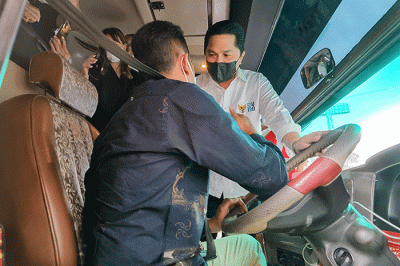 Menteri Badan Usaha Milik Negara Erick Thohir menghadiri secara langsung acara pelepasan Program Mudik Aman Mudik Sehat Bersama BUMN di Gelora Bung Karno.