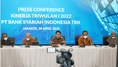 Paparan kinerja triwulan I/2022 BSI di Jakarta, Kamis (28/4/2022).