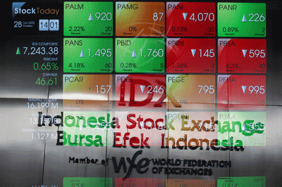 Layar menampilkan pergerakan Indeks Harga Saham Gabungan (IHSG) di gedung Bursa Efek Indonesia, Jakarta Selatan, Kamis (28/4/2022).