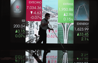 Petugas melintasi layar Pergerakan Indeks Harga Saham Gabungan (IHSG), BEI, Selasa (17/5/2022).
