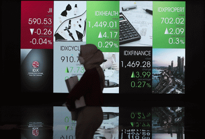 Pengunjung melintas di layar Pergerakan Indeks Harga Saham Gabungan (IHSG), BEI, Selasa (17/5/2022).