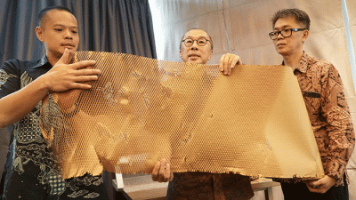 Peluncuran green product pembungkus berupa Hexcel Wrap sebagai pengganti gelembung plastik (bubble wrap) di Jakarta, Rabu (18/5/2022).