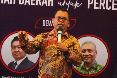 Bupati Toba Poktak Sitorus meberikan pemaparan saat penjurian dalam acara Indonesia Visionary Leader (IVL) sesi X di Auditorim Gedung Sindo.