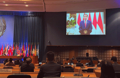 Presiden Joko Widodo menyampaikan sejumlah pandangannya dalam sesi pembukaan Sidang Komisi Ke-78 UNESCAP secara virtual dari Istana Merdeka Jakarta.