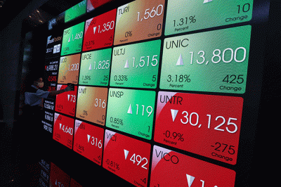 Pekerja melintasi layar pergerakan Indeks Harga Saham Gabungan (IHSG) di Bursa Efek Indonesia, Jakarta Selatan, Senin (30/5/2022).