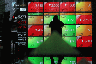 Pekerja melintasi layar pergerakan Indeks Harga Saham Gabungan (IHSG) di Bursa Efek Indonesia, Jakarta Selatan, Senin (30/5/2022).