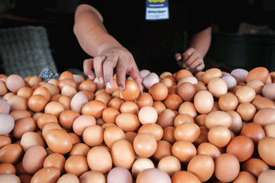 Pedagang telur ayam saat melayani pembeli di kawasan Kampung Makasar, Jakarta Timur, Minggu (29/5/2022).