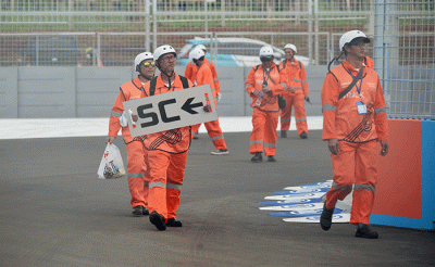 Sejumlah marshal saat mengikuti sesi Shake Down Formula E di Jakarta International E-Prix Circuit (JIEC), Ancol, Jakarta Utara, Jumat (3/6/2022).