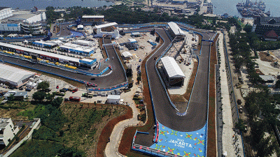 Foto udara Jakarta International E-Prix Circuit (JIEC) di Ancol, Jakarta Utara, Kamis (2/6/2022).