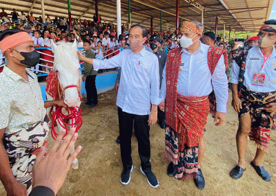 Presiden Joko Widodo dan Ibu Iriana Joko Widodo menyaksikan ekshibisi balap pacuan kuda.