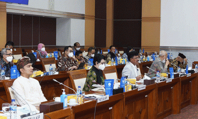 Menteri Komunikasi dan Informatika Johnny G. Plate saat rapat kerja dengan Komisi I DPR RI di Jakarta, Rabu (8/6/2022).