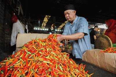 Pedagang saat merapikan cabai rawit merah di Pasar Induk Kramat Jati, Jakarta Timur, Jumat (10/6/2022).