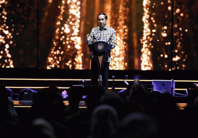 Presiden Joko Widodo memberikan sambutan saat pembukaan perayaan HUT ke-50 Himpunan Pengusaha Muda Indonesia (Hipmi) di Jakarta Convention Center.
