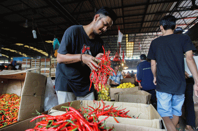 Pedagang saat merapikan cabai merah keriting di Pasar Induk Kramat Jati, Jakarta Timur, Jumat (10/6/2022).