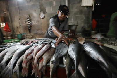 Pembeli memilih ikan laut di Pasar Kecapi, Kota Bekasi, Jawa Barat, Jumat (17/6/2022).