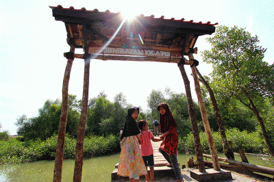 Petugas kawasan Edu-ekowisata Mangrove menaiki perahu berbahan dasar plastik daur ulang Polyethylene di kawasan Edu-ekowisata Mangrove Patikang Lestari.