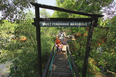 Petugas kawasan Edu-ekowisata Mangrove menaiki perahu berbahan dasar plastik daur ulang Polyethylene di kawasan Edu-ekowisata Mangrove Patikang Lestari.