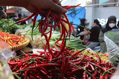 Pedagang cabai melayani pembeli di Pasar Inpres Serdang Kemayoran, Jakarta, Kamis (14/7/2022).