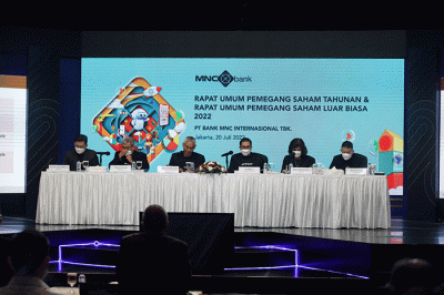 Rapat Umum Pemegang Saham Tahunan (RUPST) dan Rapat Pemegang Umum Saham Luar Biasa (RUPSLB) PT Bank MNC Internasional Tbk di Jakarta, Rabu (20/7/2022).