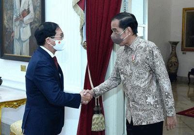 Presiden Joko Widodo menerima kunjungan kehormatan Menteri Luar Negeri (Menlu) Vietnam, Bui Thanh Son, dan delegasi di Istana Merdeka, Jakarta.