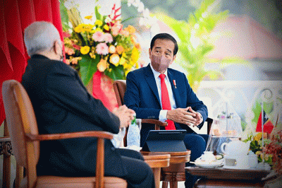 Presiden Joko Widodo menyambut kunjungan resmi Presiden Republik Demokratik Timor Leste Jose Ramos-Horta, di Istana Kepresidenan Bogor.