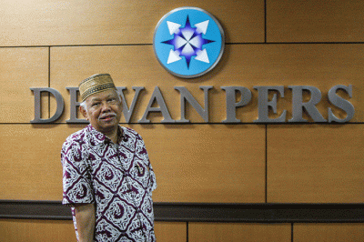 Potret Ketua Dewan Pers Prof. Dr. H. Azyumardi Azra, M.Phil., M.A., CBE usai wawancara di Kantor Dewan Pers, Jakarta, Kamis (22/7/2022).