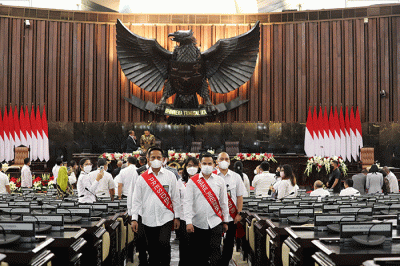Gladi bersih persiapan Pidato Kenegaraan Presiden di Kompleks Parlemen, Senayan, Jakarta, Senin (15/8/2022).