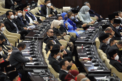 Ketua DPR RI Puan Maharani memberikan paparannya pada Sidang Tahunan MPR dan Sidang Bersama DPR - DPD Tahun 2022 di Gedung Nusantara, Kompleks Parlemen.