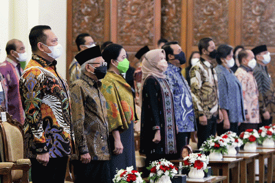 Peringatan Hari Konstitusi dan Hari Ulang Tahun ke-77 MPR di Plaza Nusantara IV, Kompleks Parlemen, Senayan, Jakarta, Kamis (18/8/2022).