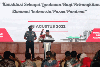 Peringatan Hari Konstitusi dan Hari Ulang Tahun ke-77 MPR di Plaza Nusantara IV, Kompleks Parlemen, Senayan, Jakarta, Kamis (18/8/2022).