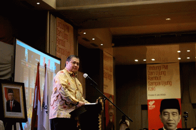 Menko Airlangga Hartarto saat menyampaikan motivational speech dalam acara Pelepasan Pekerja Migran Indonesia Program G to G Korea Selatan.