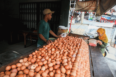 Pedagang telur saat merapikan dagangannya di kawasan Jakarta Timur, Kamis (25/8/2022).