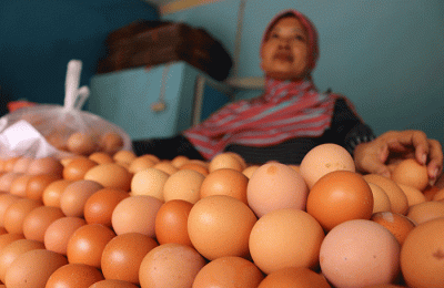Pedagang menata telur di kawasan Pasar Serdang Kemayoran, Jakarta, Sabtu (27/8/2022).