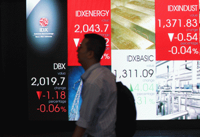 Pekerja melintas di depan layar indeks harga saham gabungan (IHSG) di Gedung Bursa Efek Indonesia, Jakarta, Rabu (7/9/2022).