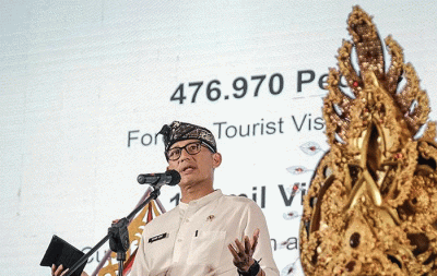 Menparekraf Sandiaga Salahuddin Uno saat acara saat mengikuti Gala Dinner World Tourism Golf Challenge 2022 pada Minggu (25/9/2022).