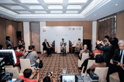 Menparekraf Sandiaga Salahuddin Uno saat memberikan sambutan dalam World Tourism Day 2022 di Grand Hyatt Bali, Nusa Dua, Selasa (27/9/2022).